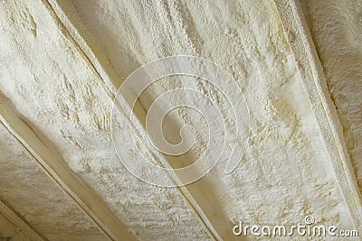 Polyurea Spraying, foam coating insulation of roof. Stock Photo
