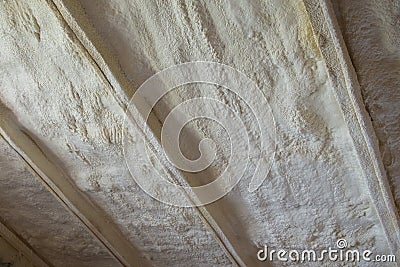 Polyurea Spraying, warming foam coating of roof. Stock Photo