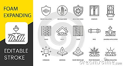 Polyurethane foam properties and places of application, vector line icon set with editable stroke, Adhesion and Water Vector Illustration
