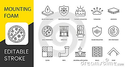 Polyurethane foam properties and places of application, vector line icon set with editable stroke, Adhesion and Water Vector Illustration