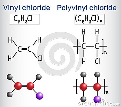 Polyvinyl chloride PVC and vinyl chloride monomer molecule. St Vector Illustration