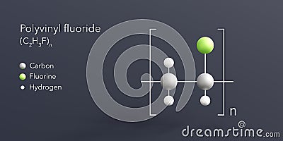 polyvinyl fluoride molecule 3d rendering, flat molecular structure with chemical formula and atoms color coding Stock Photo
