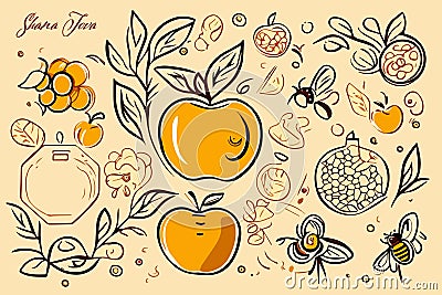 Pomegranate, apple and honeycomb border, Jewish new year, Rosh Hashanah, Shana Vector Illustration