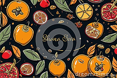 Pomegranate, apple and honeycomb border, Jewish new year, Rosh Hashanah, Shana Vector Illustration