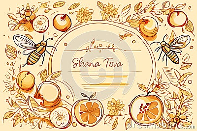 Pomegranate, apple and honeycomb border, Jewish new year, Rosh Hashanah, Shana Vector Illustration