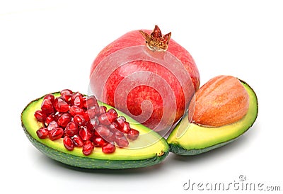 pomegranate, avocado, pomegranate seeds on white Stock Photo