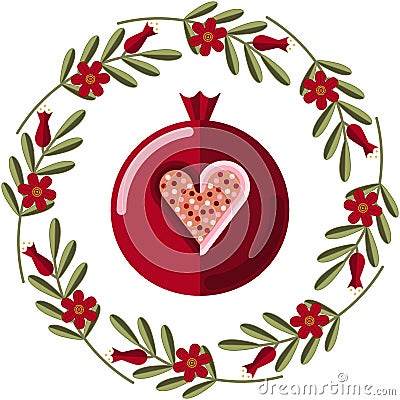 Pomegranate cute illustration with floral wreath. Flat style fruit Vector Illustration