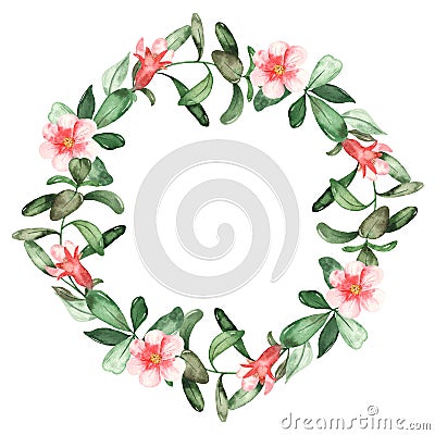 Watercolor wreath with pomegranate flowers, leaves Stock Photo