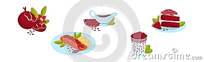 Pomegranate Food with Fruit and Served Cake and Salmon Vector Set Vector Illustration