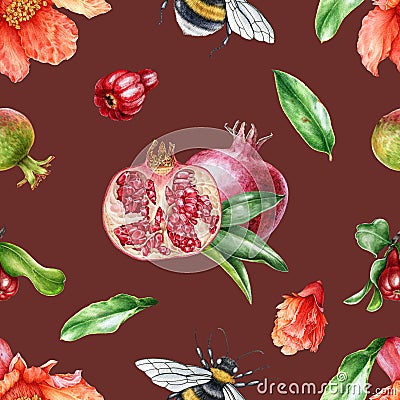 Pomegranate fruit and flower seamless pattern watercolor illustraton. Hand drawn exotic botanical decoration with firebrick color. Stock Photo