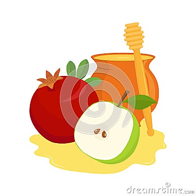 Pomegranate, apple and honey pot Stock Photo