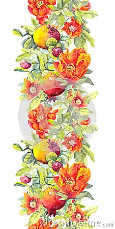 Pomegranate fruits, red flowers. Seamless floral border. Watercolor banner Stock Photo