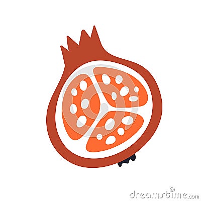 Pomegranate half, cross-section. Cut piece of granate fruit with seeds and wedge. Exotic tropical vitamin food. Flat Vector Illustration