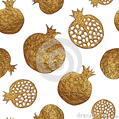 Pomegranate hand painting seamless pattern. Gold abstract fruit background. Stock Photo