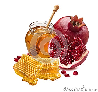 Pomegranate, honey jar and honeycomb isolated on white background Stock Photo