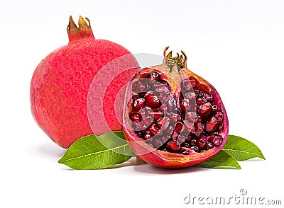 Pomegranate isolated on white background,pomegranate leaves and sliced Stock Photo