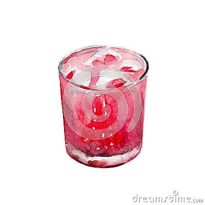 Pomegranate juice in glass with icecubes, watercolor illustration on white. Cartoon Illustration