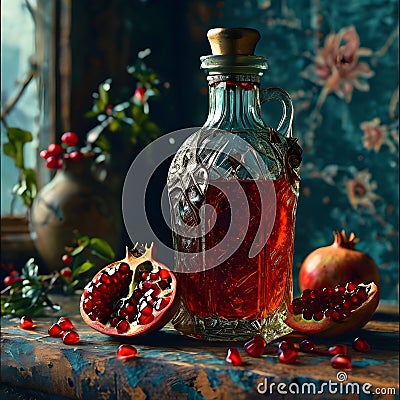 The pomegranate juice gold time glass bottle stood out against the backdrop of an old worn cracked wall. Stock Photo