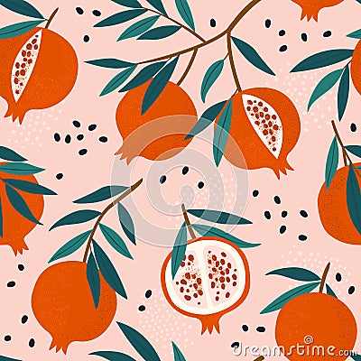 Pomegranate leaf seamless pattern. Red garnet seamless pattern vector illustration. Vector illustration of pomegranate fruit. Vector Illustration