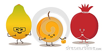 Pomegranate, peach and papaya. set of cartoon tropical fruit characters in kawaii style Cartoon Illustration