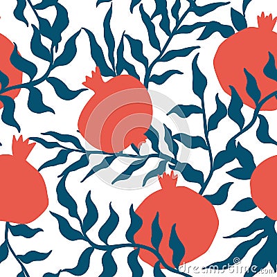 Pomegranate seamless pattern with leaves. Vector Illustration