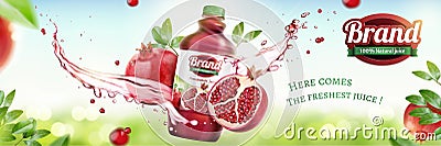 Pomegranates bottled juice ads Vector Illustration