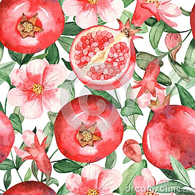 Watercolor seamless pattern with pomegranates, flowers, buds and pomegranate leaves on a white background Stock Photo