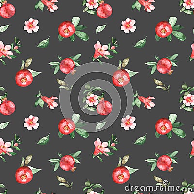 Watercolor seamless pattern of pomegranates, flowers, leaves on a dark background Stock Photo