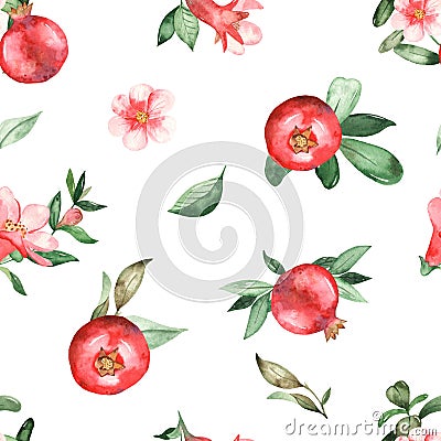 Watercolor seamless pattern of pomegranates, flowers, leaves on a white background Stock Photo