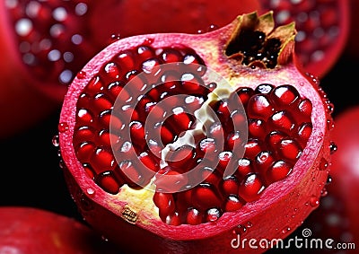Pomegranates half with ripe red sweet seeds.Macro.AI generative Stock Photo