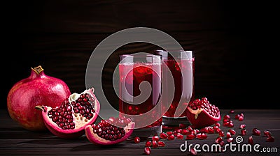Pomegranates and pomegranate juice on a wooden table. Whole fruits and pieces. Dark background. Copy space. Stock Photo