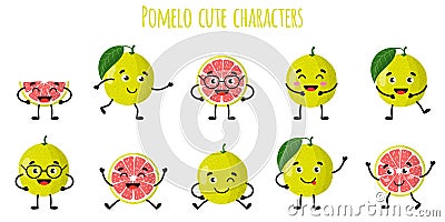 Pomelo citrus fruit cute funny cheerful characters with different poses and emotions Vector Illustration