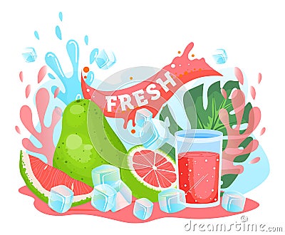 Pomelo citrus juice vector illustration, cartoon flat fresh pink pomelo citrus juicy summer vitamin drink in glass and Vector Illustration