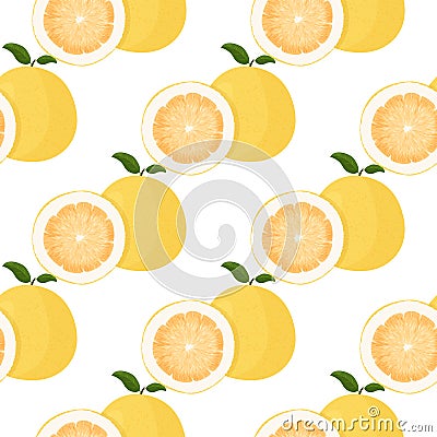 Pomelo fruit tropical exotic citrus, vector seamless pattern. Pummelo or shaddock fruits half cut and whole background. Vector Illustration