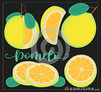 Pomelo - Whole and pieces. Vector stock illustration. Colored fruit set isolated on black background Vector Illustration