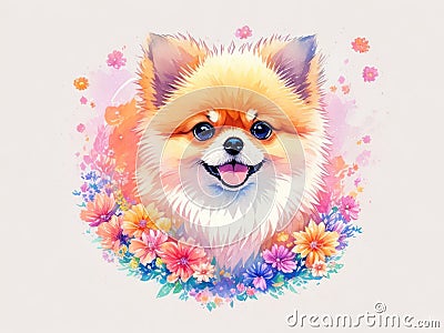 Pomeranian with colorful flower painted in watercolor on a white background.generative AI Stock Photo