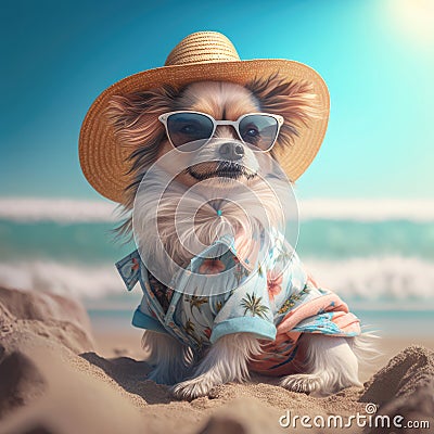 Pomeranian dog in summer costume. Summer pomeranian cute dog wearing pet stylish hat Stock Photo