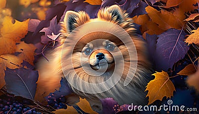 Pomeranian pup peeks through a sea of colorful autumn leaves Stock Photo