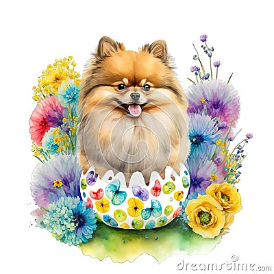 Pomeranian Puppy Celebrating Easter with Colorful Eggs and Blooms AI Generated Stock Photo