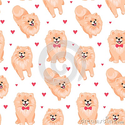 Pomeranian Spitz puppy seamless pattern. Small German spitz all over print background. Vector Illustration