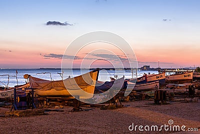 Pomorie, Bulgaria boats panorama, sunset Editorial Stock Photo