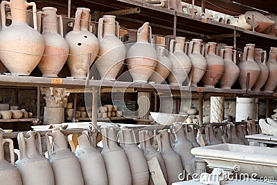 Pompeii antique pottery jugs. Stock Photo