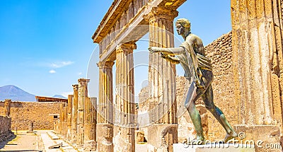 Pompeii city skyline and bronze Apollo statue, Italy Stock Photo