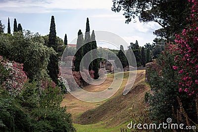 Pompeii garden, Italy. Blossom and spring concept. Ancient roman backyard with trees and flowers. Antique park Stock Photo