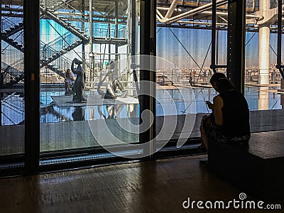 Pompidou Center rooftop sculptures seen from an inside gallery, Paris, France Editorial Stock Photo