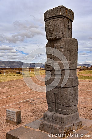 The Ponce monolith, an ancient stone carving at the Tiwanaku archaeological site near La Paz, Bolivia Editorial Stock Photo