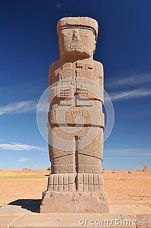 Ponce Stela in the Sunken courtyard Kalasasaya Temple, Tiwanaku Bolivia Stock Photo