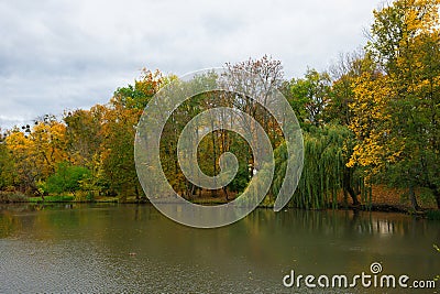 Pond in the Autumn Solacz Park. Poland, Poznan Stock Photo
