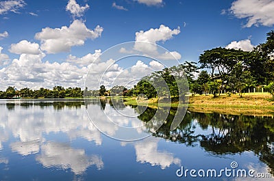 Pond and blue sky and white cloud Stock Photo