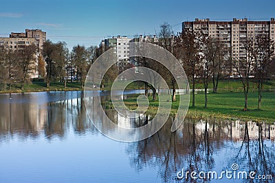 A pond in a city park Stock Photo
